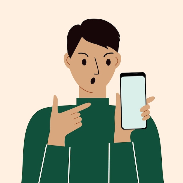 Angry man with mobile phone, front view. Indicates the phone. News. Smartphone and internet addiction.