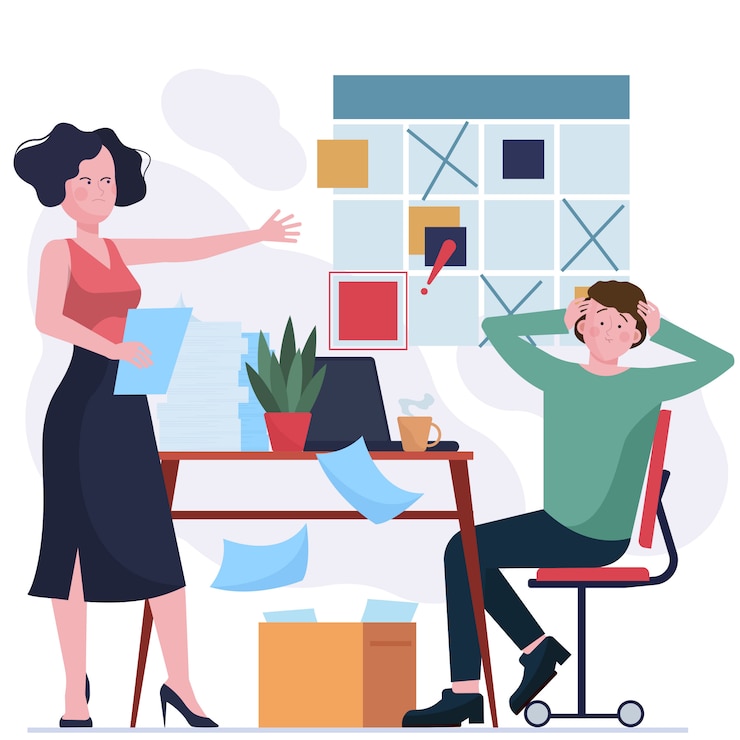 Vector angry manager blaming scared colleague