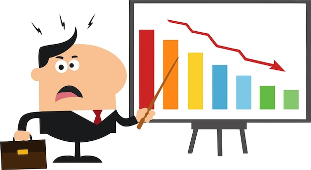 Vettore gestore arrabbiato che indica un grafico di diminuzione su una tavola