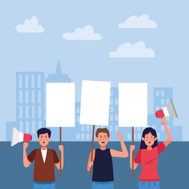 Vector angry men and girl protesting and holding a blank post and megaphone