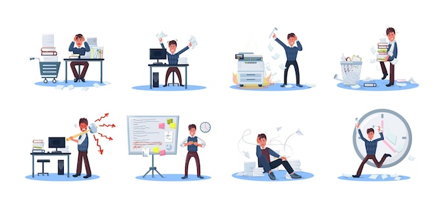 Злой подавлен набор офисного работника. Усталый работник мужского пола, имеющий проблемы при задержке срока работы