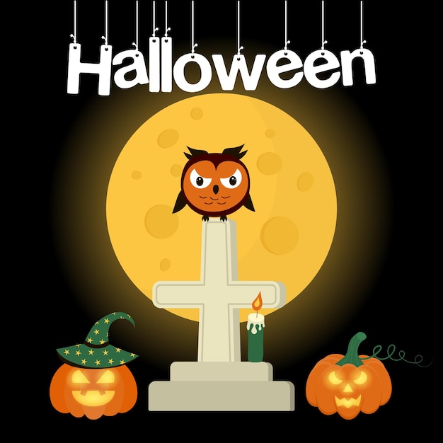 Angry owl sitting on a grave cross against the moon with pumpkins and a candle halloween lettering