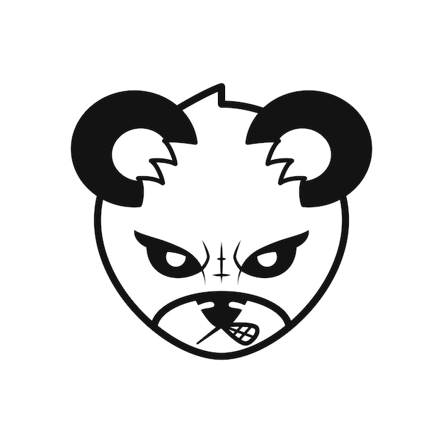 怒っているパンダの頭のロゴ。黒と白。動物、キャラクター、手描き、線画スタイル