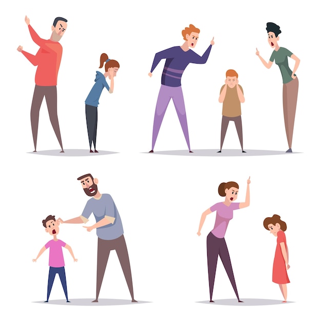 Vector angry parents family problems aggressive mother and father bad relationship quarrel scream exact vector illustrations set in cartoon style parent with problem angry child in stress and fear