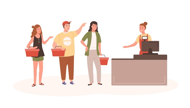 Angry people at checkout flat vector illustration. Indignant customers standing in queue cartoon characters. Nervous buyers with shopping baskets shouting at cashier. Irritated shoppers wait in line.