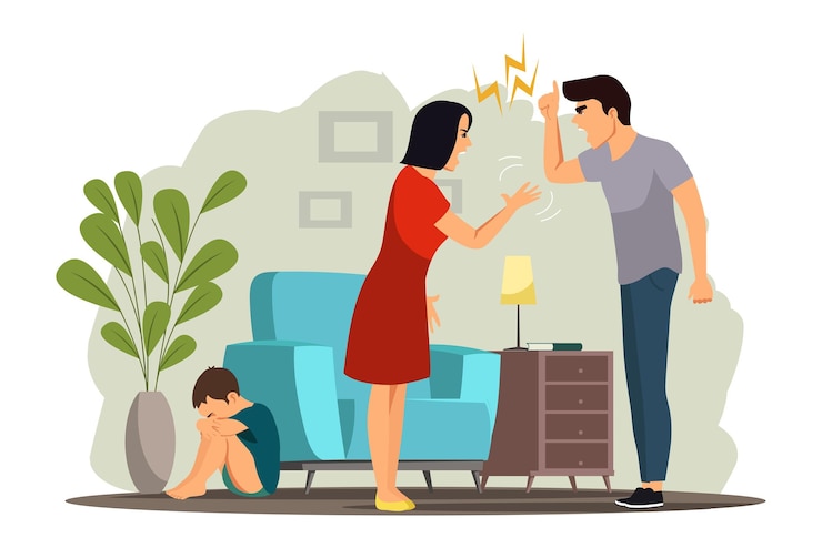 Vector angry people in family conflict woman and man shouting screaming yelling fighting scared child crying unhappy marriage domestic quarrels kid suffering