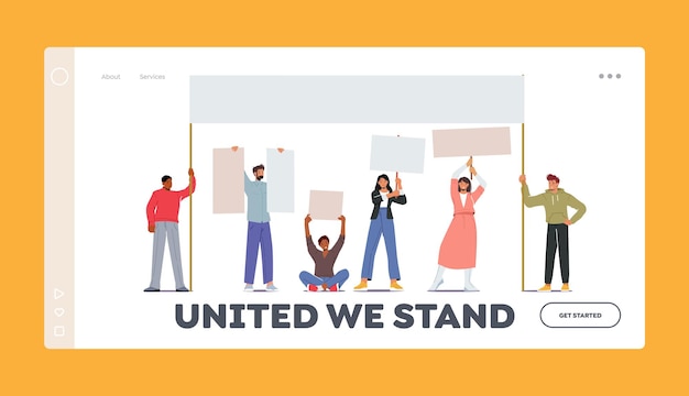 Angry people with placards on rally landing page template. male or female characters holding empty placards, banners or signs fighting for their rights, citizen protesting. cartoon vector illustration