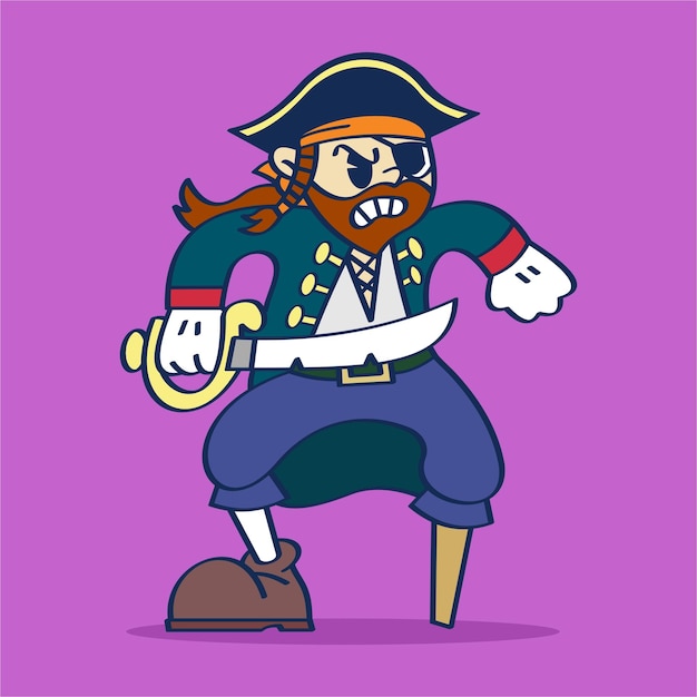 Angry Pirate Captain Cartoon Character Illustration Vintage style Hand Drawing Vector