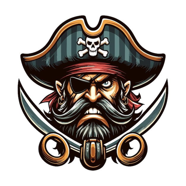 Vettore faccia della testa del pirata arrabbiato con cappello e benda sull'occhio disegno mascotte illustrazione vettoriale