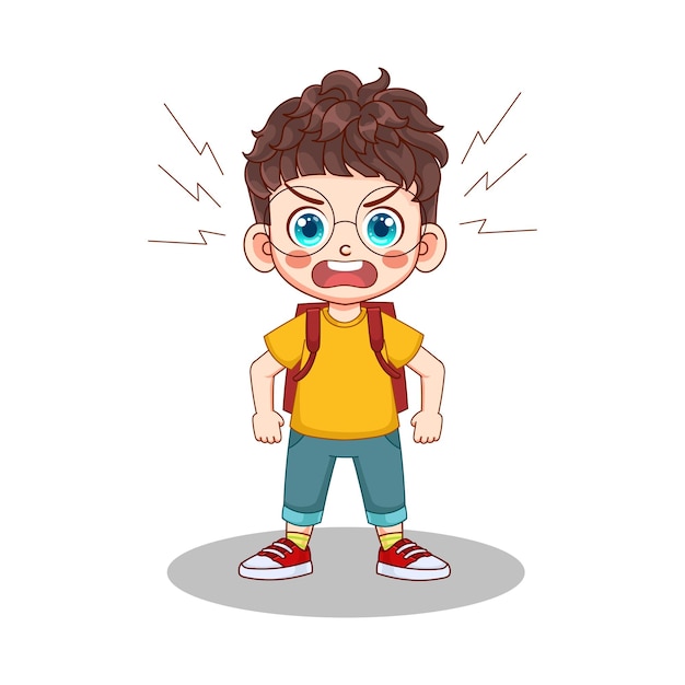 Angry posing expression Cute kid boy with backpack vector illustration. The kid boy goes to school