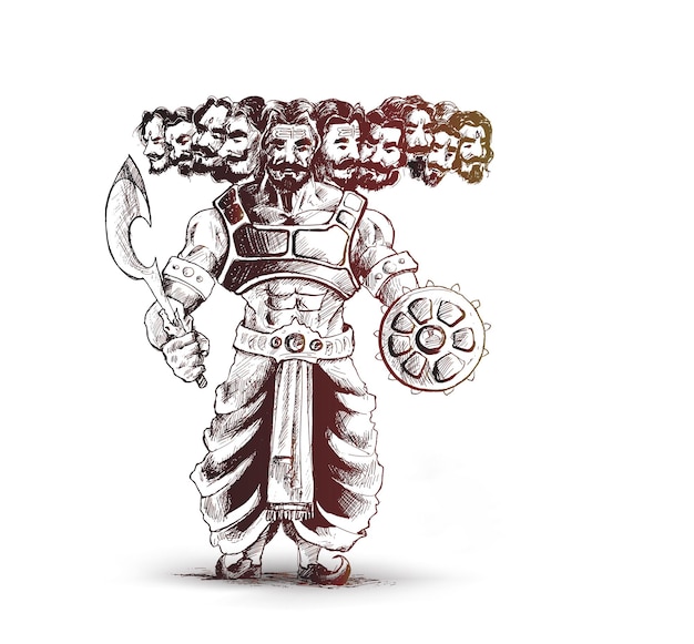 힌디어 텍스트 Dussehra가 있는 10개의 머리를 가진 화난 라바나.