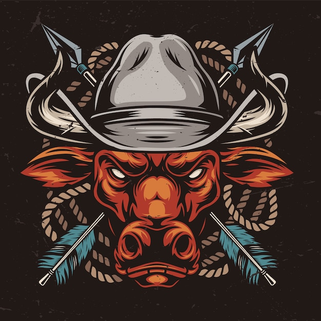 Vector angry red bull head in cowboy hat