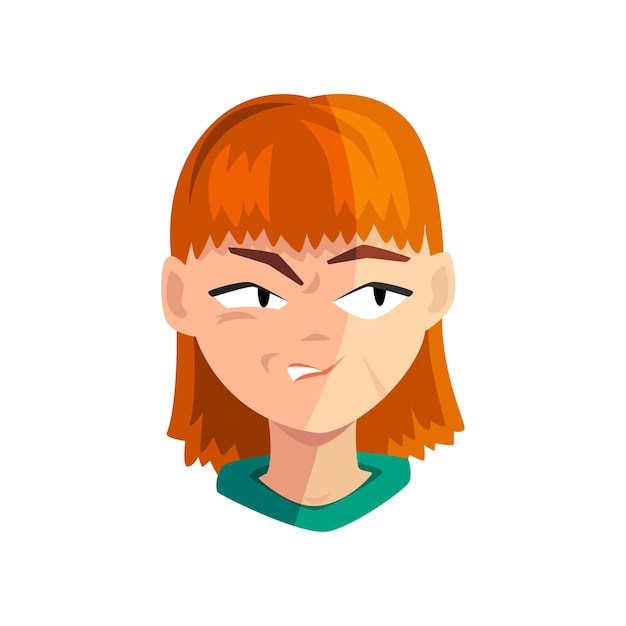 Angry redhead girl female emotional face avatar with facial expression vector Illustration on a white background