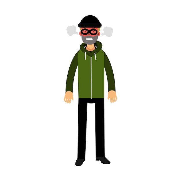 Vector angry robber character with red face under mask and steam coming out of the ears vector illustration on a white background