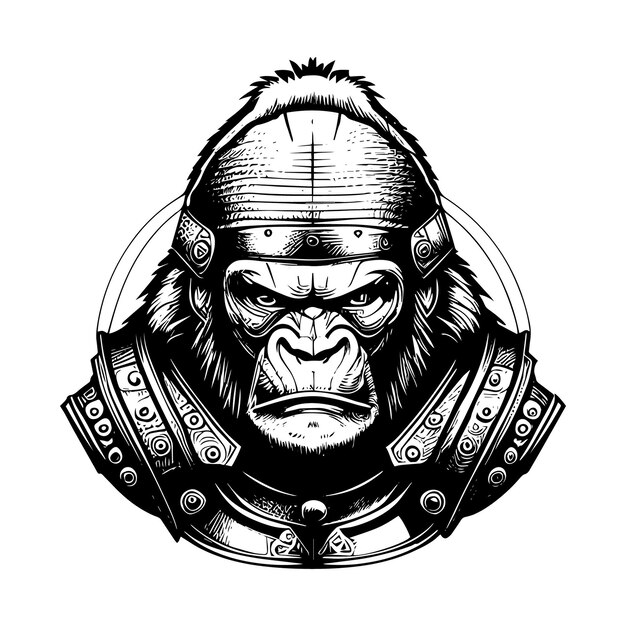 Angry samurai gorilla ape logo black and white hand drawn illustration