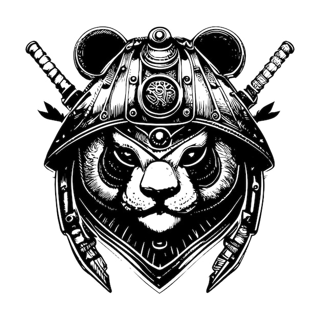 Angry samurai panda logo black and white hand drawn illustration