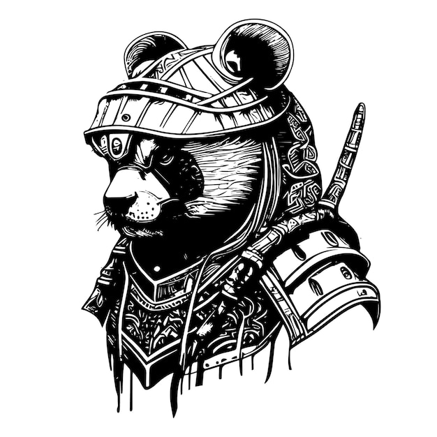 Angry samurai panda logo black and white hand drawn illustration