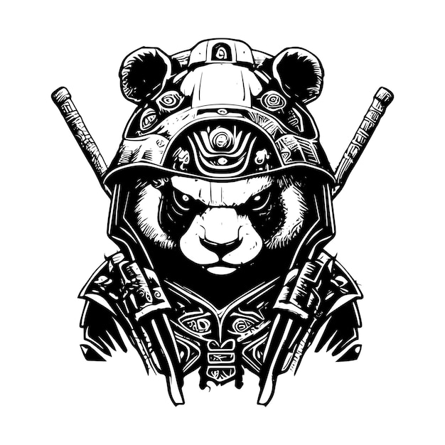 Angry samurai panda logo black and white hand drawn illustration