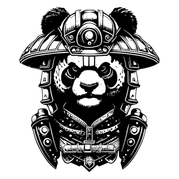 Angry samurai panda logo black and white hand drawn illustration