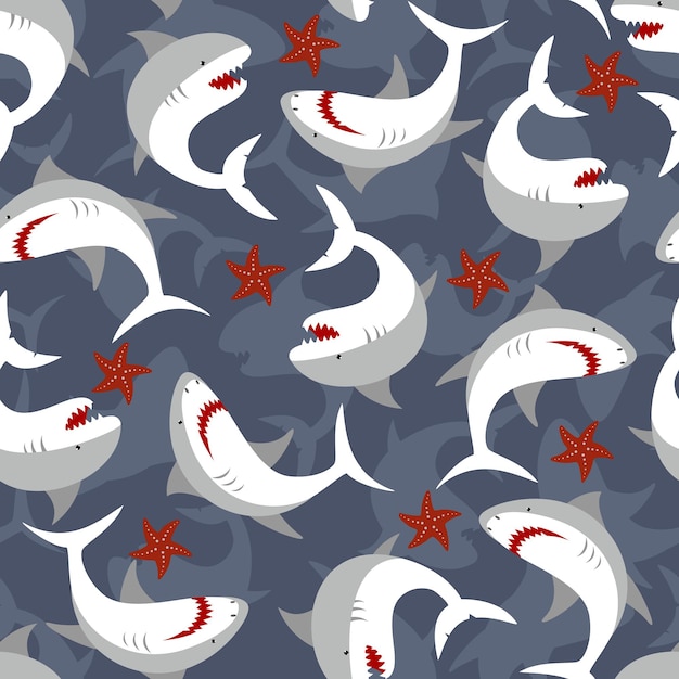 Сердитая акула и морские звезды, узор из швов Морская жизнь, нарисованная вручную Иллюстрация Печать для детской тканиxD