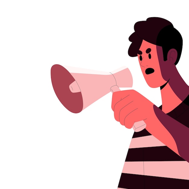 Angry speaker shouting speaking with megaphone Activists speech with loudspeaker in hand Discontent character protester holding bullhorn Flat vector illustration isolated on white background