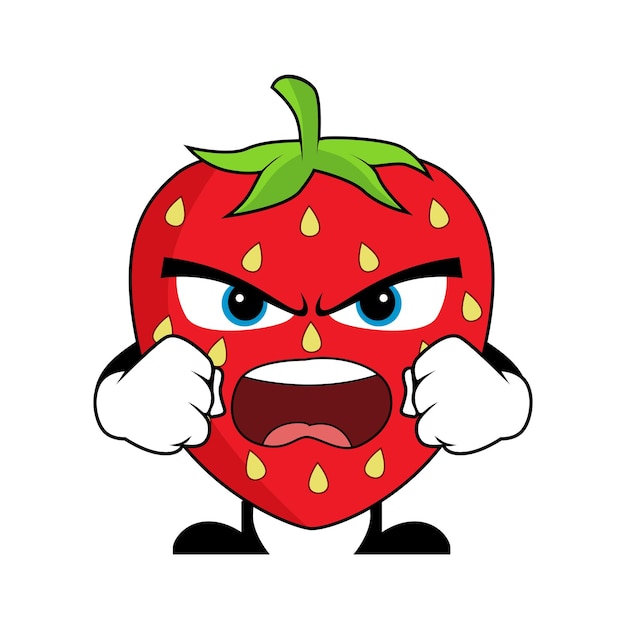 포스터 배너 웹 아이콘 마스코트 배경에 적합한 화난 딸기 과일 만화 캐릭터