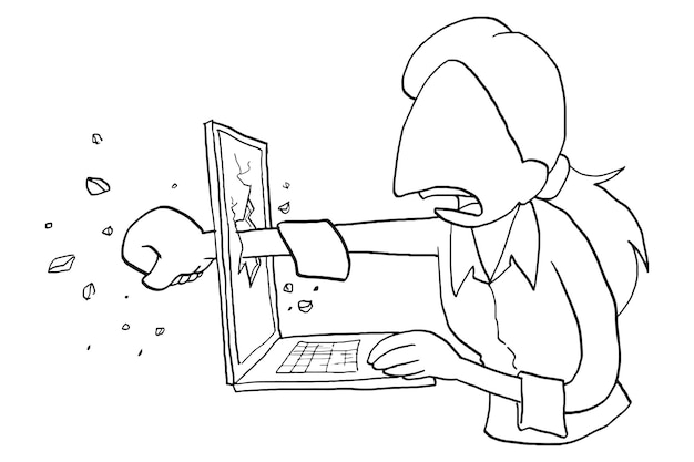 Angry and stress female worker punching the laptop Vector illustration design