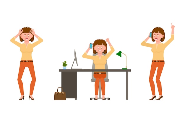 Angry stressed brown hair office woman in orange pants vector illustration