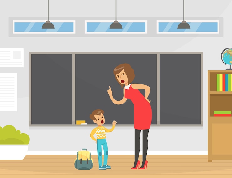 Vector angry teacher shouting at disobedient boy at school elementary school student disputing with teacher vector illustration