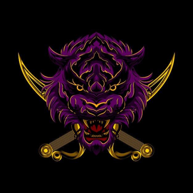 Angry tiger cross sword vector