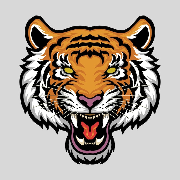 Angry tiger head in detailed style without eyes