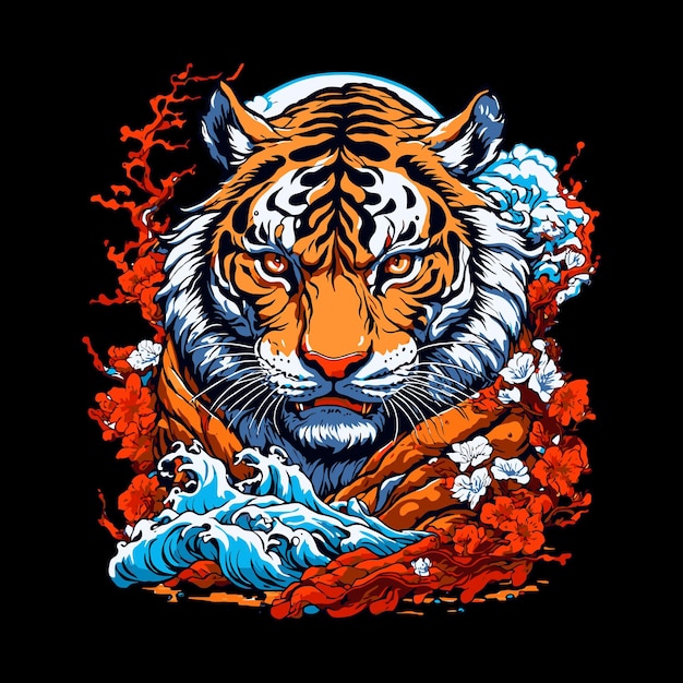 Vettore tigre arrabbiata con fuoco fantastico design della maglietta con illustrazione vettoriale