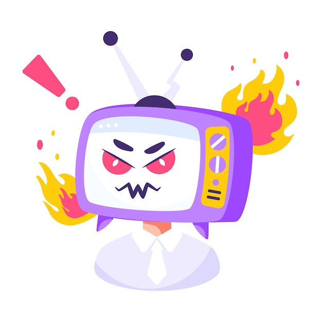 An angry tv with a face on it and flames around it.