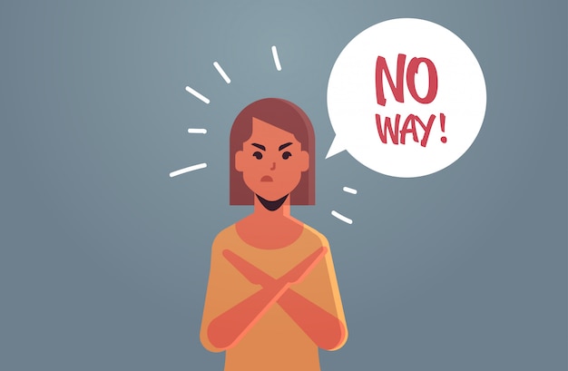 angry unhappy woman saying NO WAY speech balloon with NO scream exclamation negation concept furious girl with crossed arms gesture flat portrait horizontal