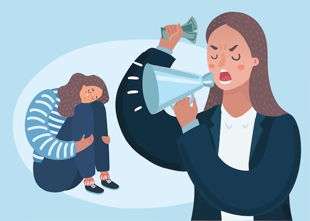 Angry upset mother character scolds her crying naughty daughter vector flat cartoon illustration