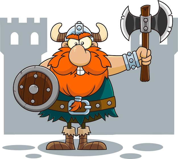 Angry Viking Cartoon Character With Shield Holding A Axe.  Illustration Isolated On Transparent Background