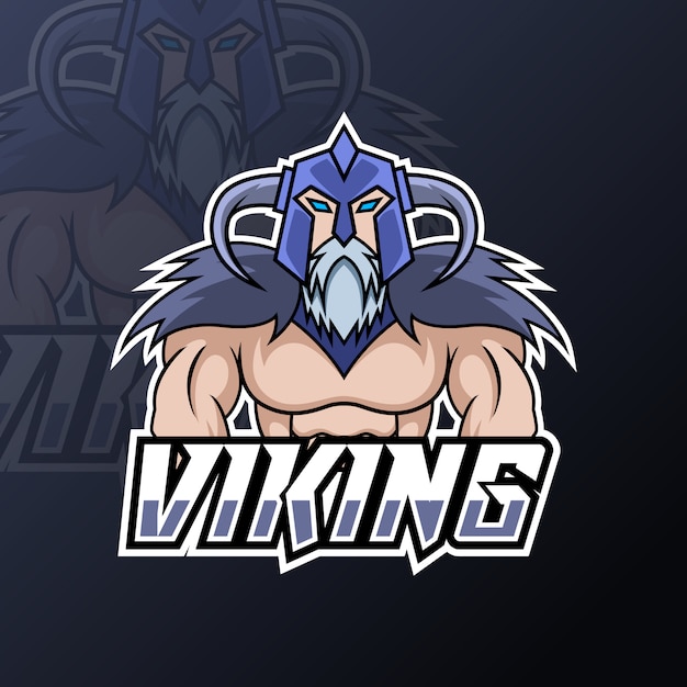 Angry viking sport esport logo design template with armor, helmet, thick beard and mustache