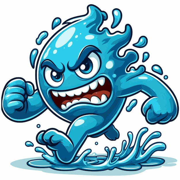 Vector angry water monster running cartoon style white background