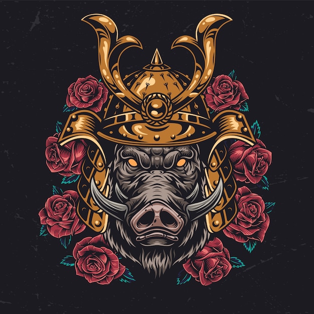 Vector angry wild boar head in samurai helmet