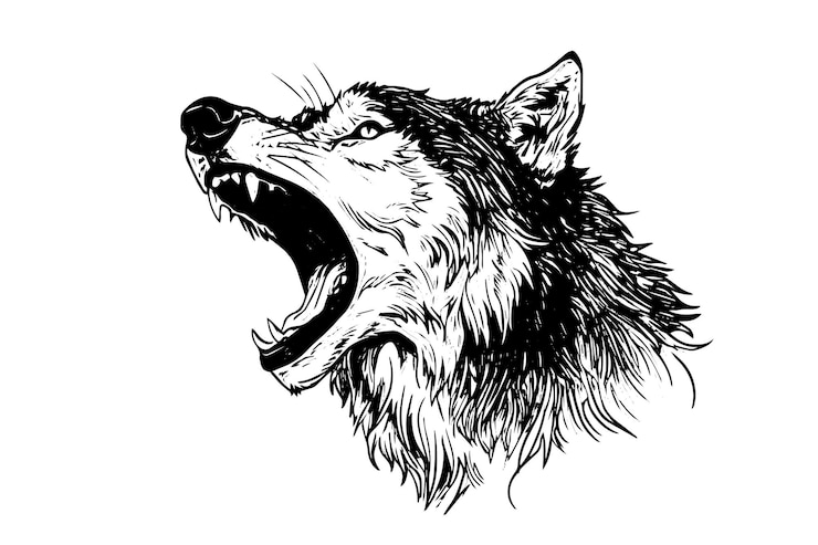 Vector angry wolf head hand drawn ink sketch engraving vintage style vector illustration design logotype