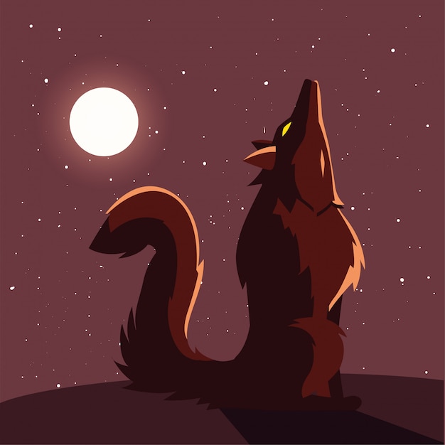 Angry wolf howling to the moon in scene of halloween