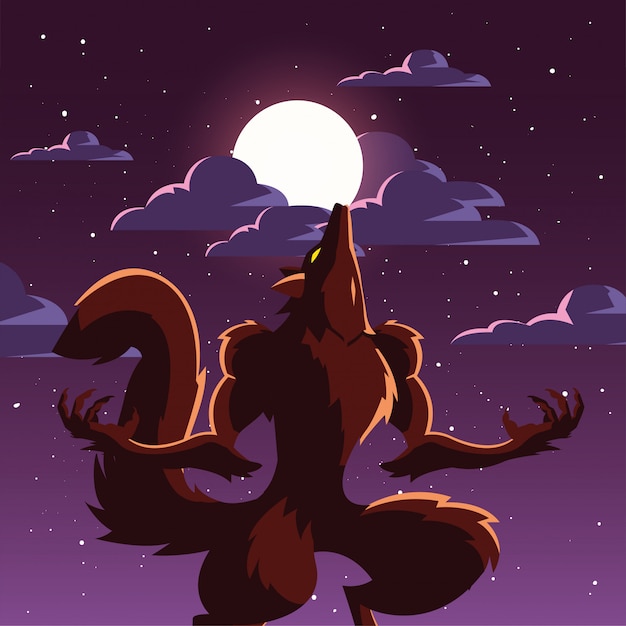 Angry wolf howling to the moon in scene of halloween