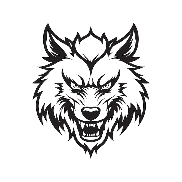 Angry wolf logo concept black and white color hand drawn illustration