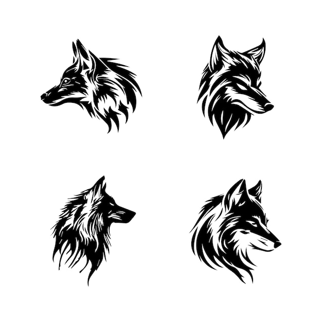 怒っているオオカミのロゴ シルエット コレクション セット手描きイラスト