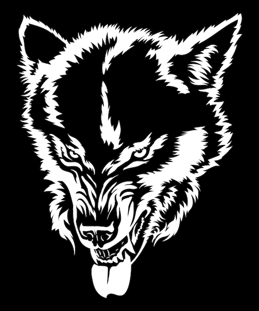 Angry wolf shows teeth wolf grin wolf head black and white drawing for tshirt