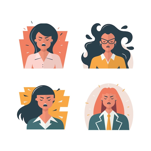 Angry woman faces set vector flat character negative emotions concept