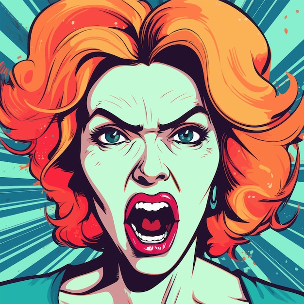 Angry woman furious girl emozioni negative illustrazione vettoriale in stile pop art