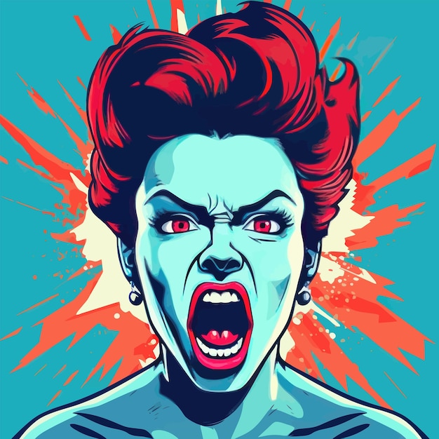 Vettore angry woman furious girl emozioni negative illustrazione vettoriale in stile pop art