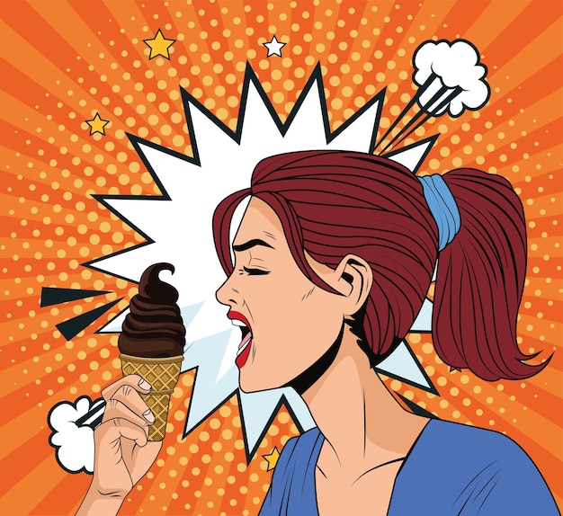 Angry woman profile eating ice cream cone pop art style character