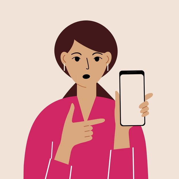 Angry woman with mobile phone, front view. Indicates the phone. News. Smartphone and internet addiction. Vector illustration.
